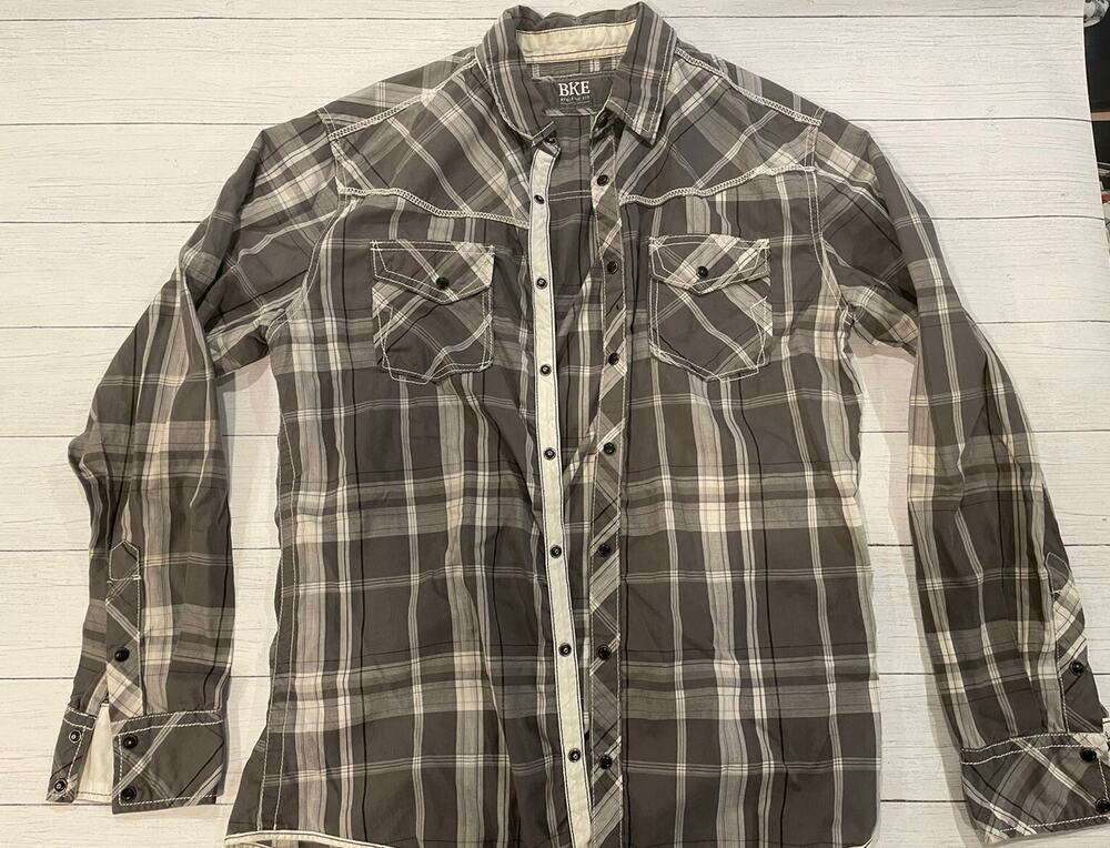 BKE Vintage Shirt Men’s Large Black & White Plaid Long Sleeve Pearl Snap